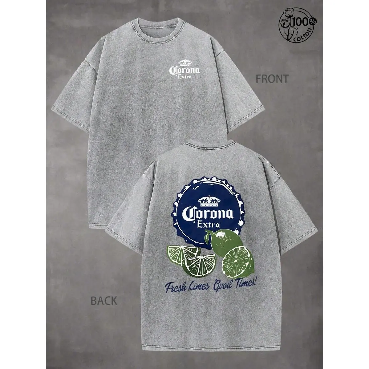 Corona Extra "Fresh Limes Good Times" T-Shirt, Retro Washed T-Shirt With Double-Sided Printed (230G Pure Cotton T-Shirt),Crew Neck, Short Sleeves,Casual Wear With Design, Men's Fall Clothes, Vintage T-Shirt,Unisex Graphic Tee,Men Gifts