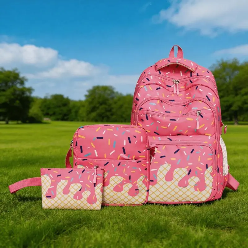 JSERYISGN Unisex 3-Piece Nylon Pattern Backpack Set, Icy Summer Large-Cap. Athletic Outdoor Bookbag with Multiple Smart Comp., Zip Closure for School Use