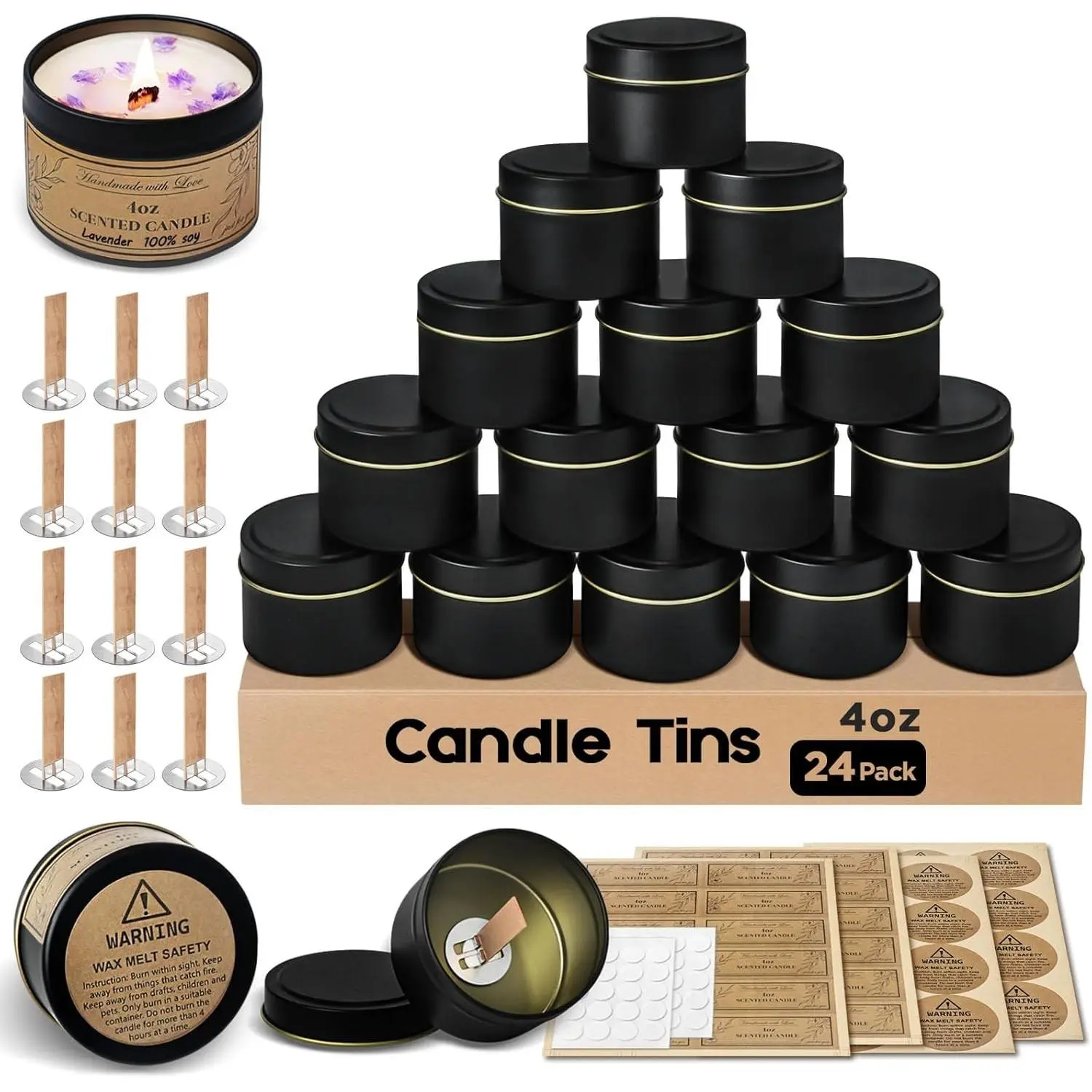 4oz Candle Tins with Lids, 24 Set DIY Candle Making Kit Includes Bulk Tins, Wood Wicks, Stickers, Wick Holders & Warning Labels for Small Business