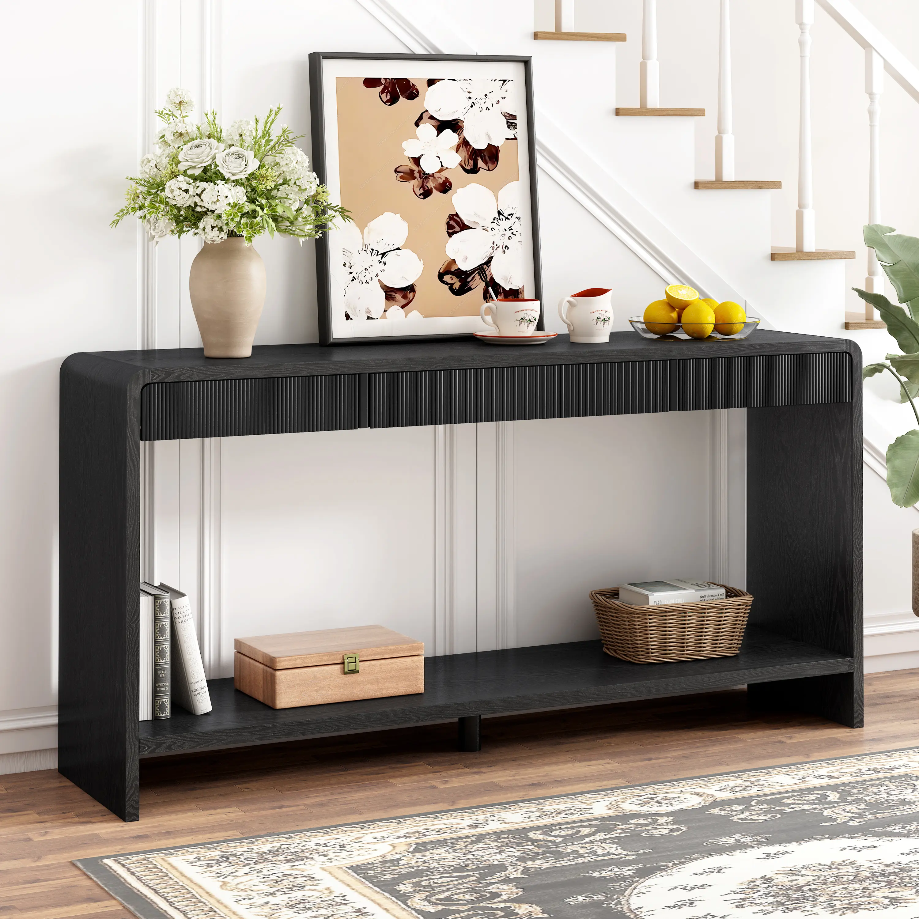 59" Modern Console Table with 3 Drawers, Open Storage Shelf, Vertical Slat Fronts and Rounded Edges, Black, YATU Living