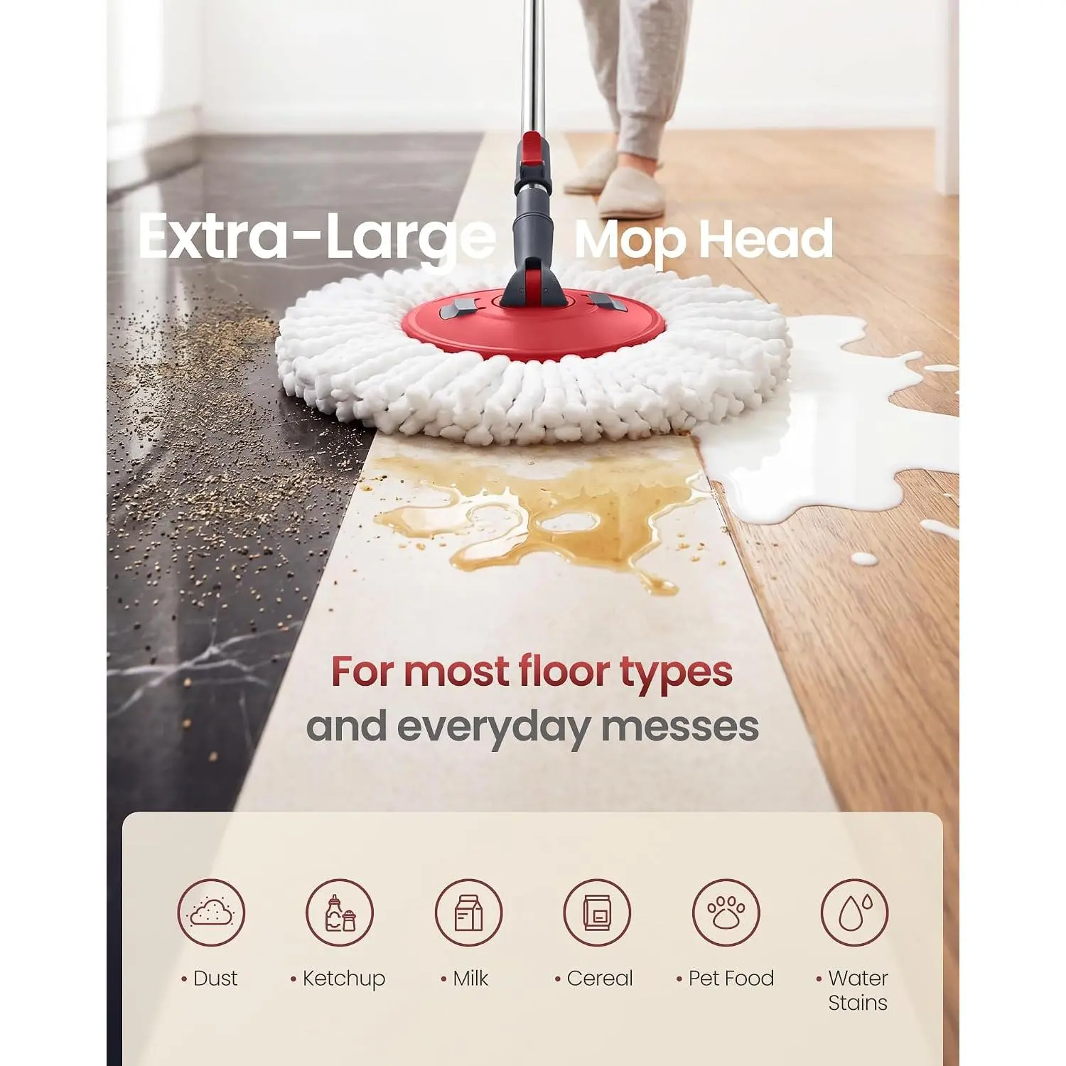 Spin Mop and Bucket Set with Pedal Wringer, 360° Rotating Microfiber Floor Mop, Adjustable Long‑Handle Wet Mop for Kitchen, Bathroom, Hardwood Tile Floor Cleaning