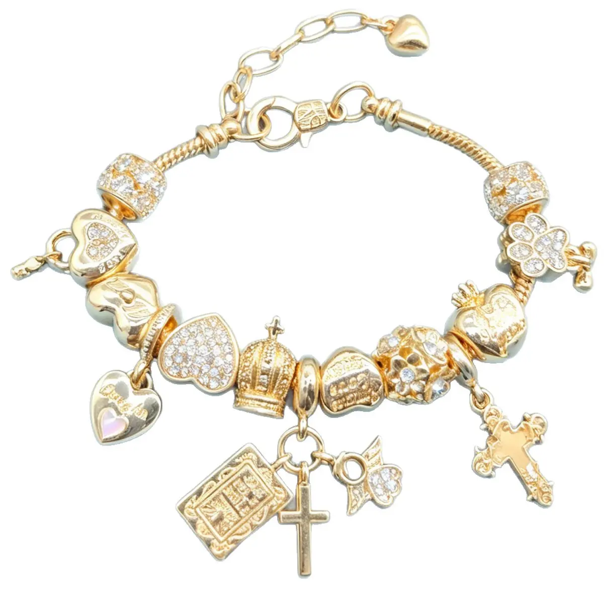 Women's Gold Plated Christian Faith Charm Bracelet - Adjustable Snake Chain With Sparkling Rhinestone Cross, Crown, Holy Bible & Heart Pendants, Meaningful Religious Jewelry For Daily Wear, Baptism, Confirmation & Mother's Day Gift