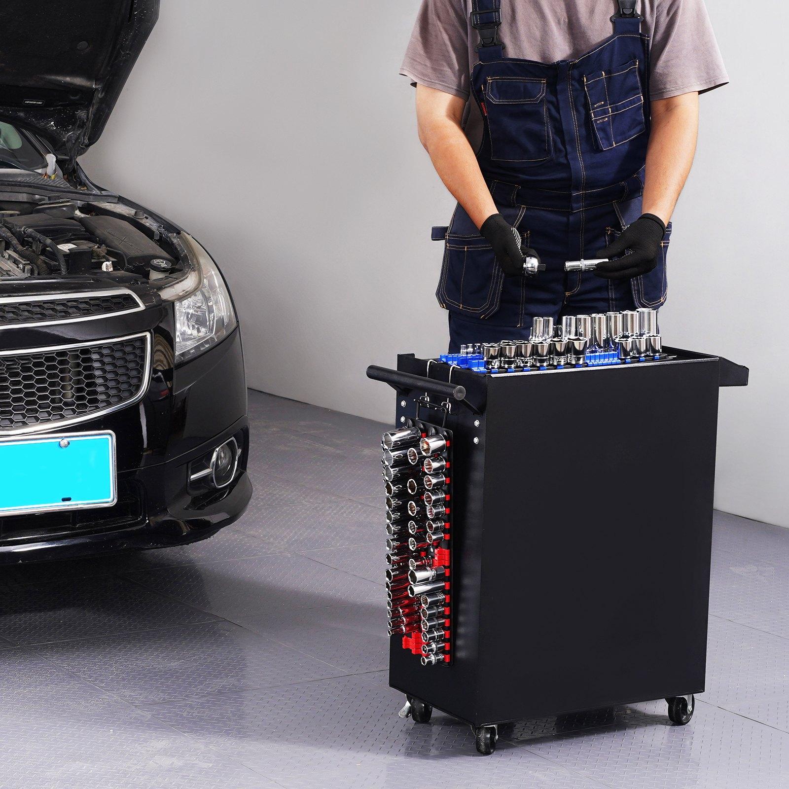 Portable Socket Organizer Tray 2PCS Metric & SAE Socket Organizer Set Hold up to 160 Sockets, 1/4", 3/8" and 1/2" Heavy-Duty Socket Rail with Handle & Steel Base for Tool Box Drawer