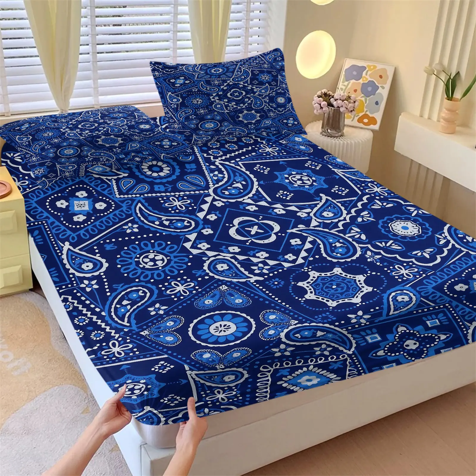 3-Piece Blue Bandana Paisley Fitted Sheet Set,1 Fitted Sheet+2 Pillowcases,Soft Breathable Skin-Friendly Fabric,Deep Pocket Non Slip Mattress Cover,Boho Ethnic Bedding,Ideal for Bedroom & Holiday Gift
