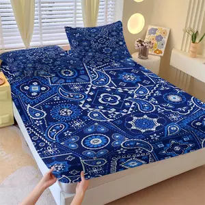 3-Piece Blue Bandana Paisley Fitted Sheet Set,1 Fitted Sheet+2 Pillowcases,Soft Breathable Skin-Friendly Fabric,Deep Pocket Non Slip Mattress Cover,Boho Ethnic Bedding,Ideal for Bedroom & Holiday Gift