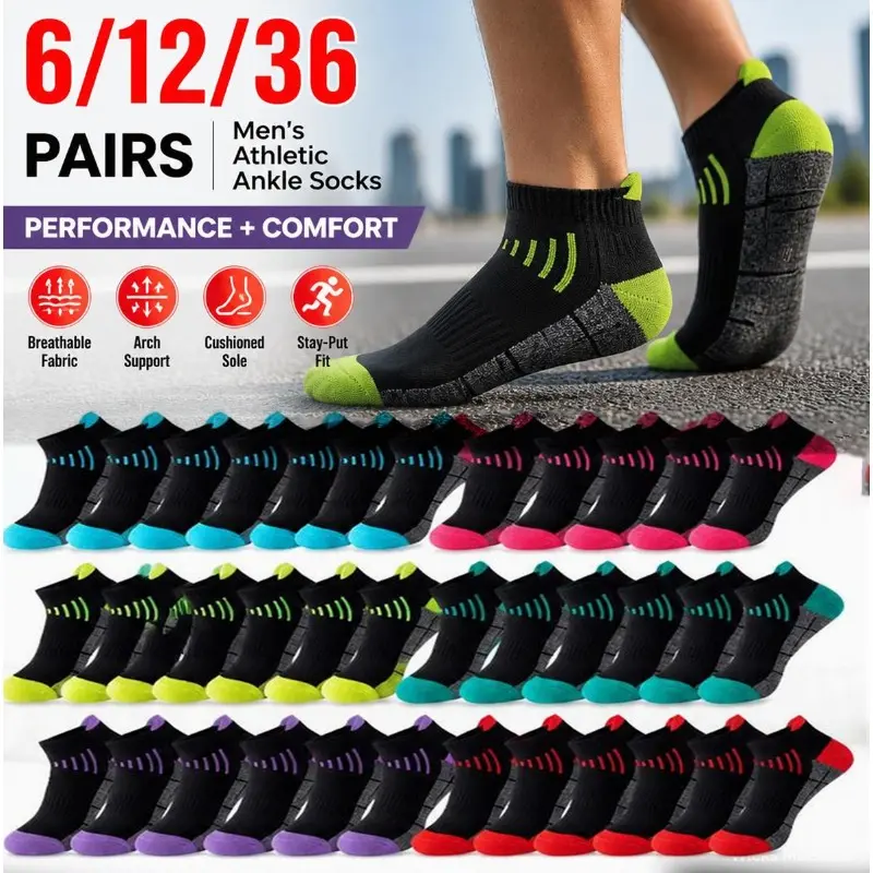 Men’s Cotton Low Cut Ankle Length Plain Anti-Slip Moisture Wicking Sports Socks (6/12/36 Pairs) - Breathable, Cushioned Sole, Arch Support, All Seasons Running Socks - Cold Wash Friendly, Multi Color