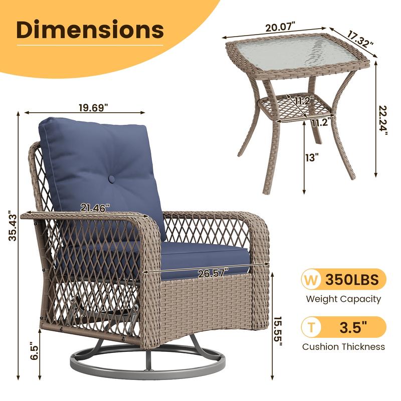 UDPATIO 3 Pieces Patio Furniture Set, Outdoor Swivel Rocking Chairs Wicker Patio Bistro Set Glass Top Side Table and Thickened Cushions Lounge