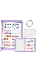 Press On Nail Storage Organizer Binder with 8 Insert Pages - A5 Size Reusable Fake Nail Swatch Collecting Book Polish Color Display Holder Container with Tape and Zipper Pocket (PINK)