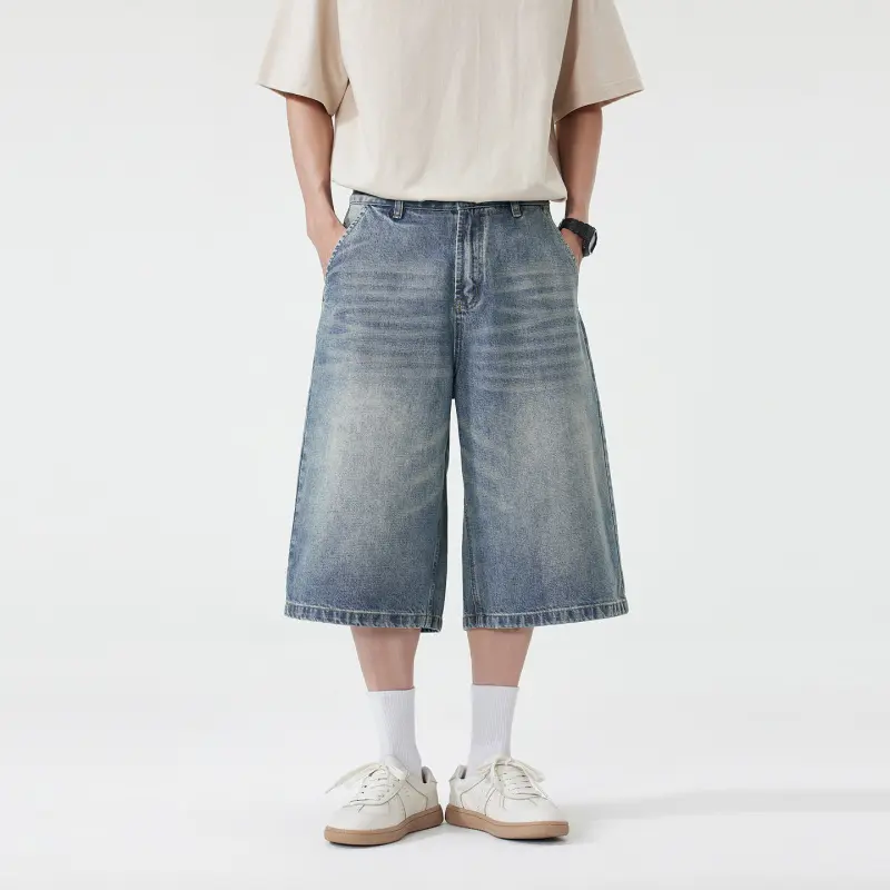 Men's Wide-Leg Knee-Length Denim Shorts - Menswear, Casual, Chic Vibe - Button-and-Zip Fly, Heavy-Washed Faded Texture, Side Slant Pockets, Straight Hem for Vintage Streetwear #SummerWins, Tee, Plain, Classic, Foldable, Cotton Blend, Machine Wash, Tropica