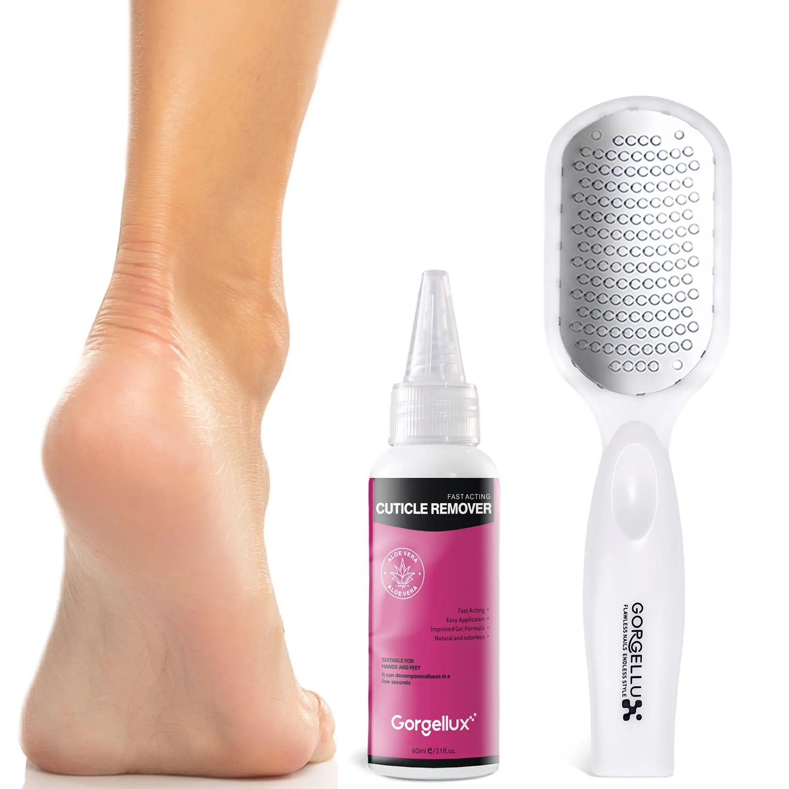 Fast Acting Cuticle Remover & Foot File Kit - Gel Form No-Soak Dead Skin Gel with Aloe Vera, Pain-Free Cracked Heel Repair for Home-Use Pedicure & Hand Nail Care