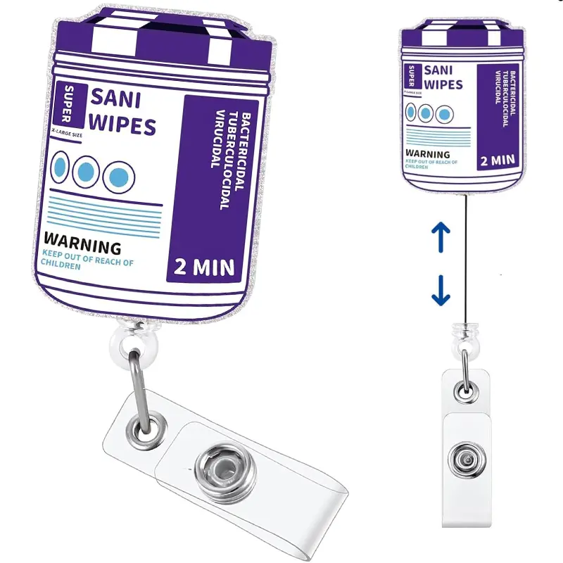 Sani Wipes Canister Funny Badge Reel, Glitter Retractable ID Clip Cute Gift for RN LPN CNA MA Nurse Doctor Nursing Student