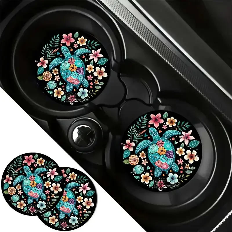 Set of 2 Turtle-Themed Car Coasters Featuring Vibrant Flowers on a Black Backdrop, Perfect As a Gift for Any Season. Stylish And Waterproof, These Turtle Cup Holders Are Convenient to Transport.