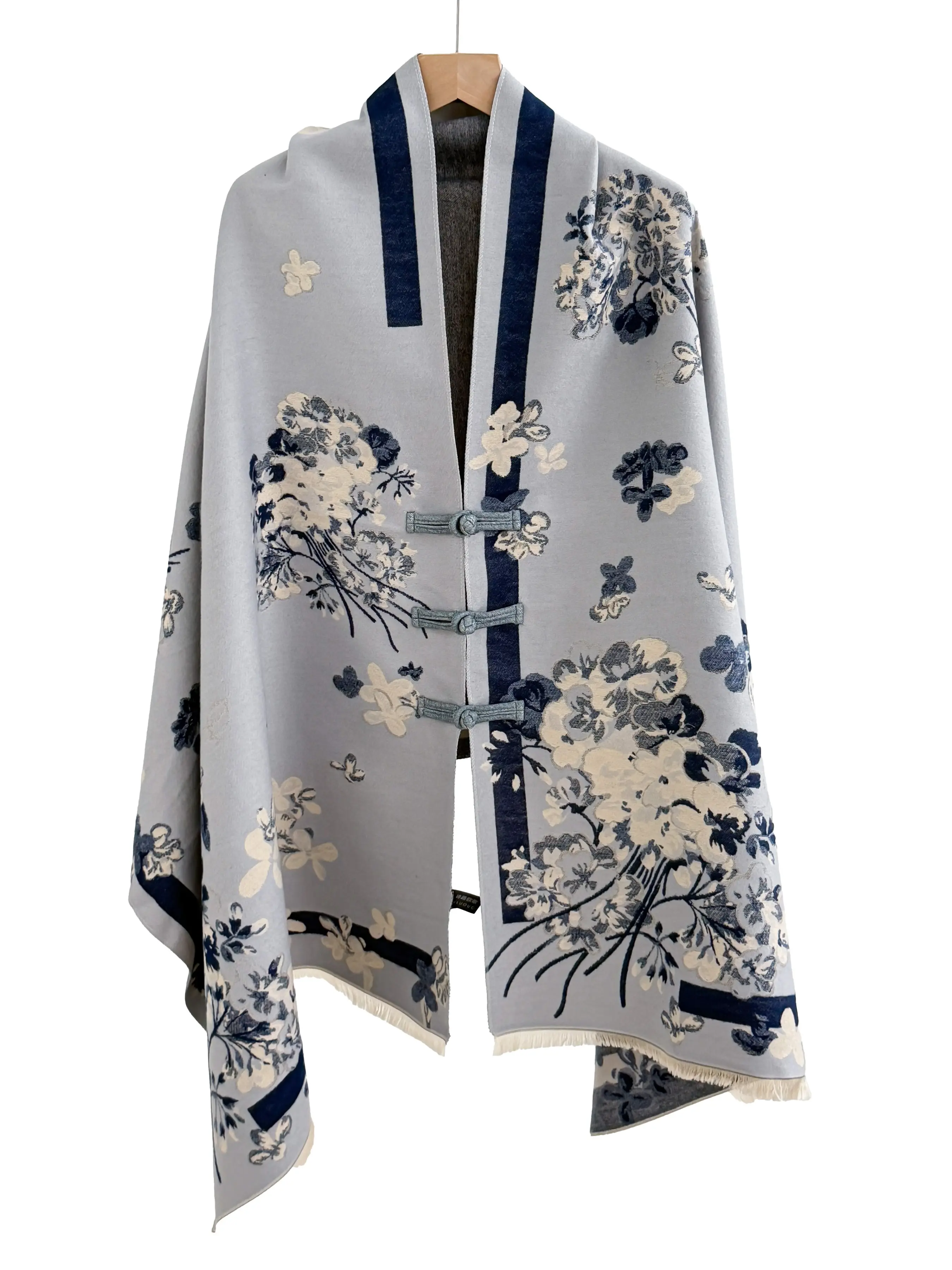 New Traditional Three-Color Plum Blossom Buttoned Shawl, Thickened Fall Winter Reversible Imitation Cashmere Scarf, Elegant Floral Print Outerwear