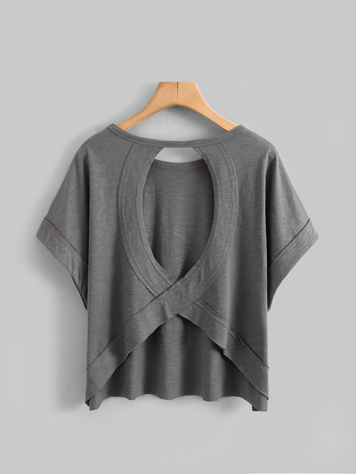 Women's Plain Cut Out Asymmetrical Hem Batwing Sleeve Tee, Loose Casual Short Sleeve Round Neck T-shirt for Summer, Ladies Clothes for Daily Wear