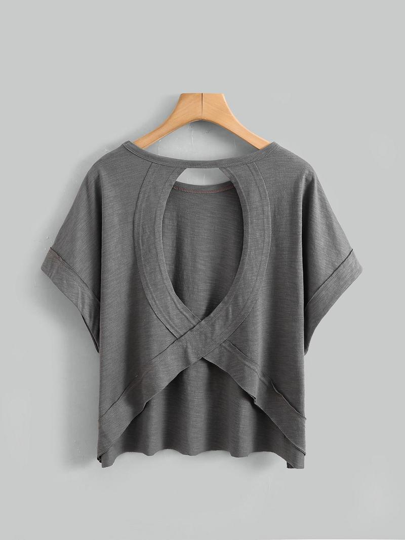 Women's Plain Cut-Out Asymmetrical Hem Batwing Sleeve Tee, Casual Short-Sleeve Round-Neck T-Shirt for Summer, Ladies' Clothing for Daily Wear