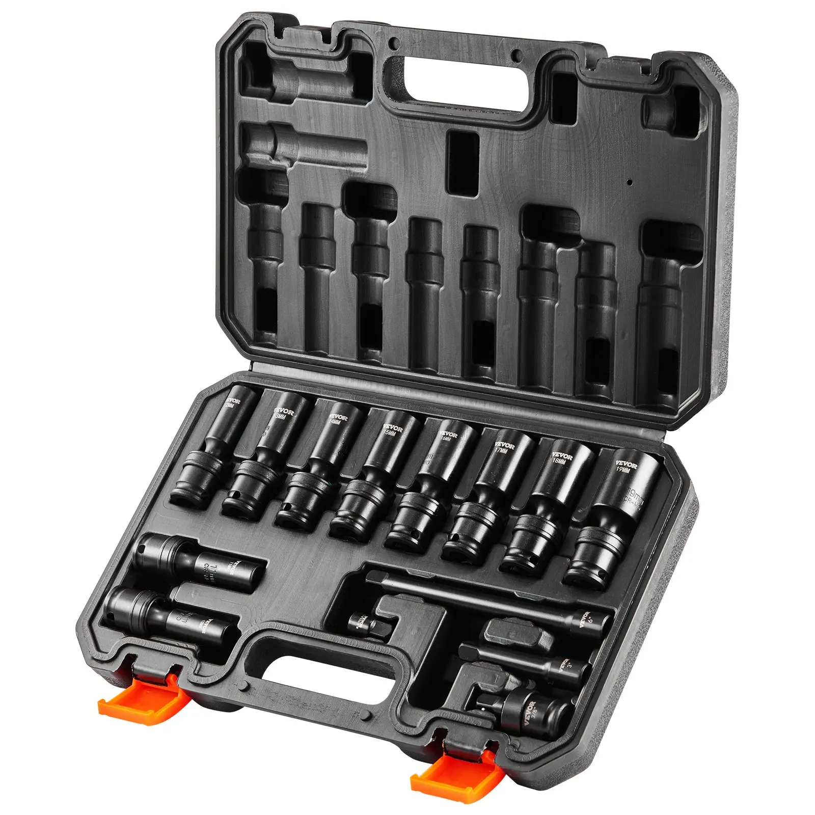 【DealsForYouDays】VEVOR 360 Degree Swivel Impact Socket Set, 3/8" Socket Set 14PCS Deep Universal Metric 10-19mm, 6 Point Cr-Mo Alloy Steel for Auto Repair, Easy-to-Read Size Markings, Rugged Construction, Storage Cas