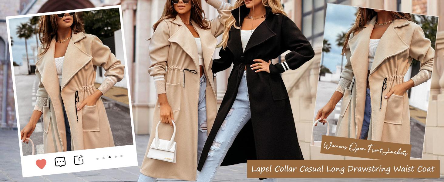 FMEYOA Women Coat Pocket Casual Drawstring Waist Open Front Classic Lapel Overcoat M7P162