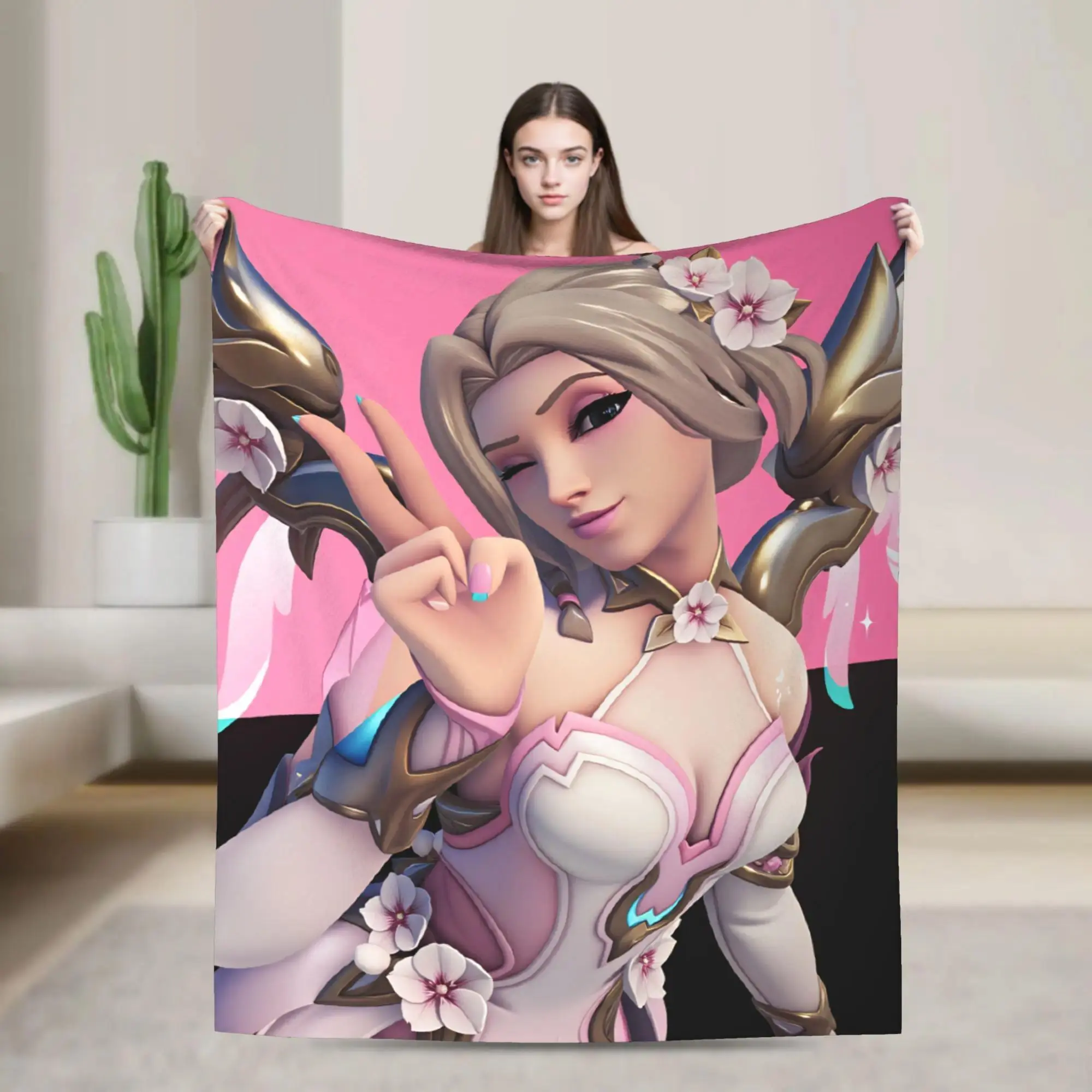 Overwatch Mercy Game Flannel Blanket, Soft Warm Throw Blanket for Couch Bed Picnic Home Decor