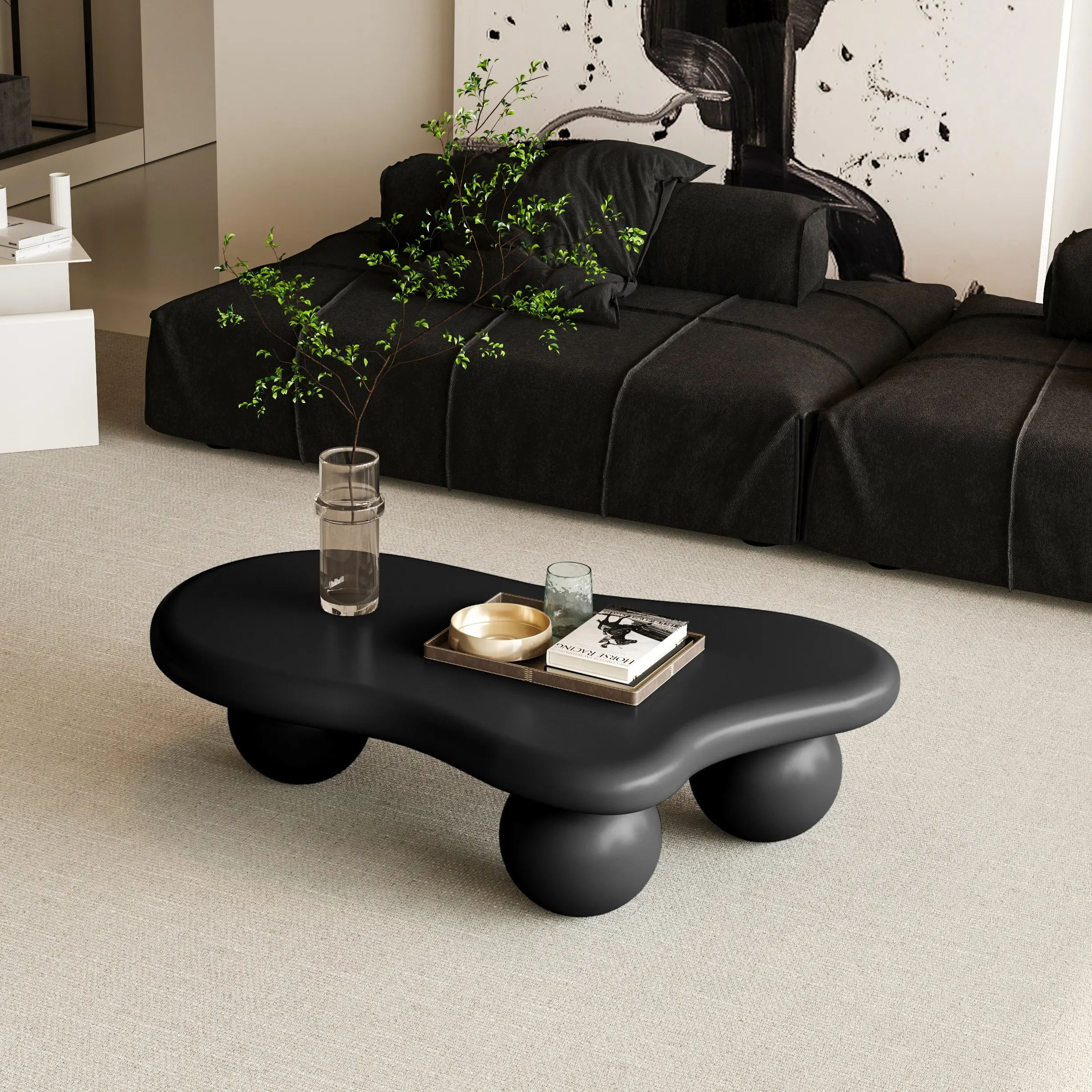 ARCH 40 Inch Cloud Shaped Coffee Table with 3 Ball Legs for Living Room, Black MDF Lacquered Finish, Modern Irregular Design, Child & Pet Friendly, Easy Assembly, 200 lbs Capacity, Black Color Options, MDF Material, Modern Style, Product Dimensions: