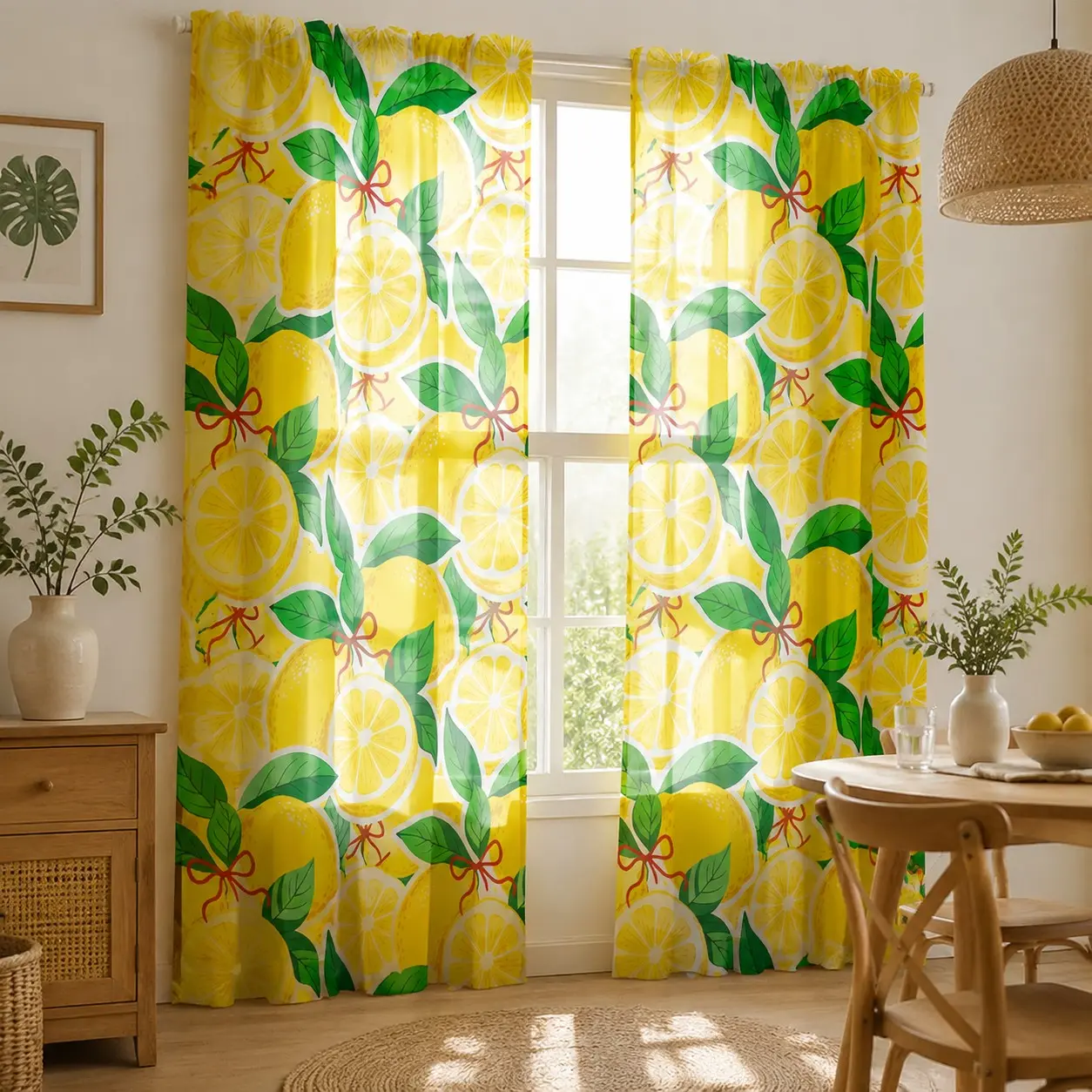 Vibrant Lemon Print Window Curtains, Rod Pocket Light Filtering Fruit Pattern Drapes, Fresh Yellow Citrus Lemon Slice Curtain Panels for Kitchen Dining Room Summer Bedroom Farmhouse Home Decor, 2 Panels