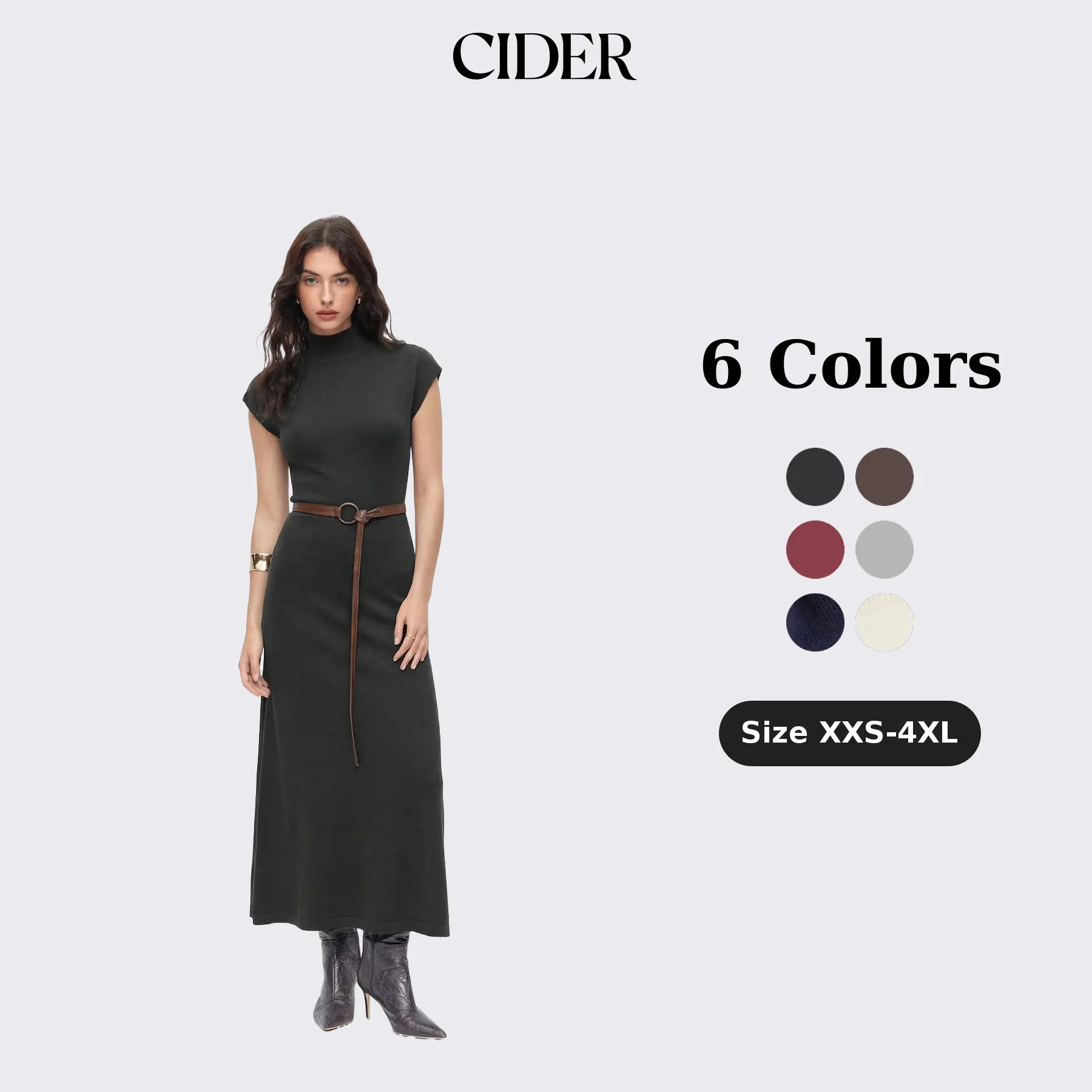 Cider Knit High Neck Sleeve A-line Maxi Dress With Belt