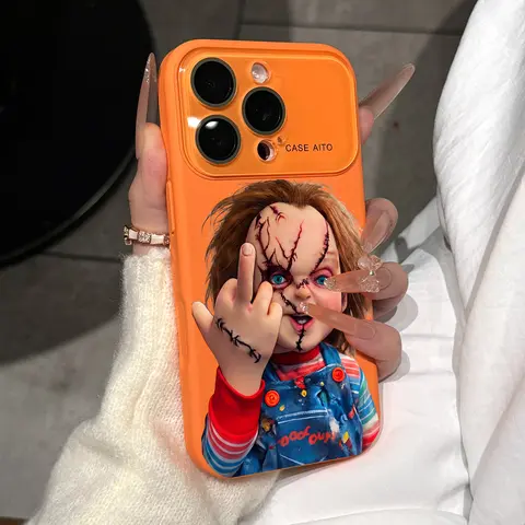 Chucky Creepy Gesture Pattern Dopamine Ins-Style Solid Color Smartphone Casing Cover, Ultra Skin-Friendly Touch Phone Casing, All-Inclusive Lens Phone Protector Cover for Multi-Model iPhone 17/16/15/14/13/12 Pro Max Air