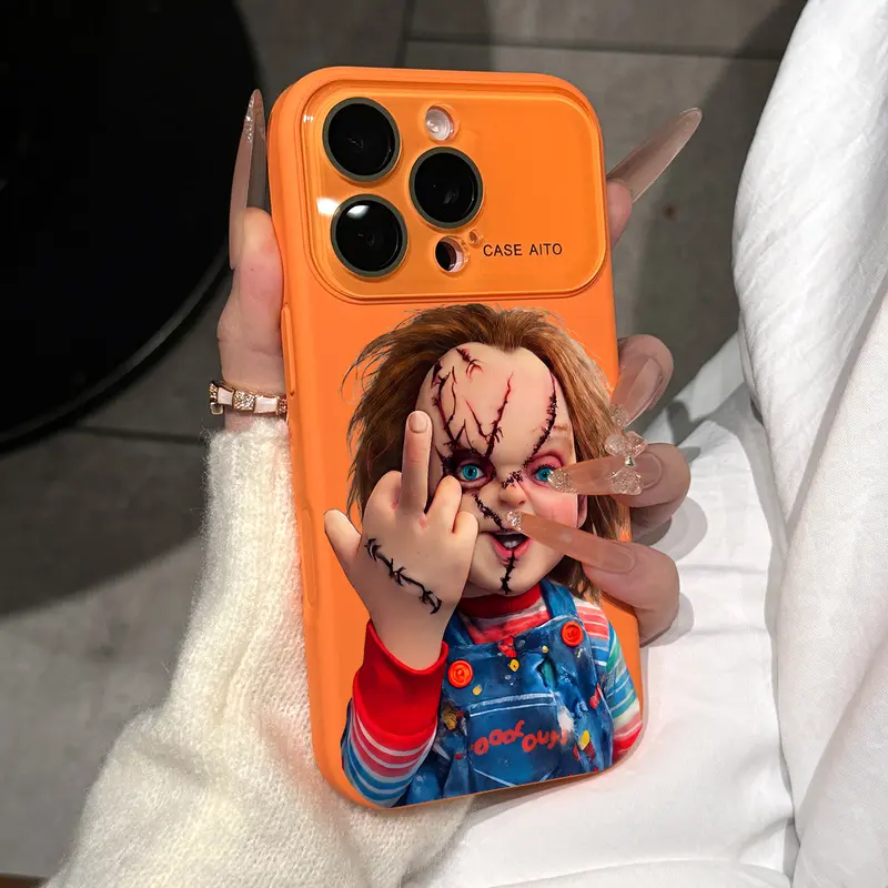 Chucky Creepy Gesture Pattern Dopamine Ins-Style Solid Color Smartphone Casing Cover, Ultra Skin-Friendly Touch Phone Casing, All-Inclusive Lens Phone Protector Cover for Multi-Model iPhone 17/16/15/14/13/12 Pro Max Air