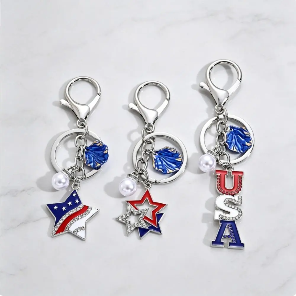 3-Piece Patriotic USA Star Keychain Set - Rhinestone Flag Motif, Shell Pearl Bag Charm, Fidget Stress Relief Accessory, Mickey Family Compatible, 4th of July Independence Day Party Favor, Rhinestones, Star Keychains