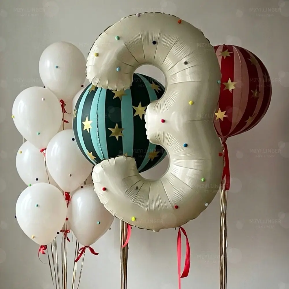 32-Inch Large Number Balloon, 4D Striped Star Foil Balloon, Felt Ball Decoration, Birthday Party Decorations, Festive Event Supplies, Party Balloons Decorations