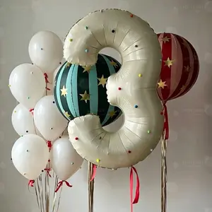 32-Inch Large Number Balloon, 4D Striped Star Foil Balloon, Felt Ball Decoration, Birthday Party Decorations, Festive Event Supplies