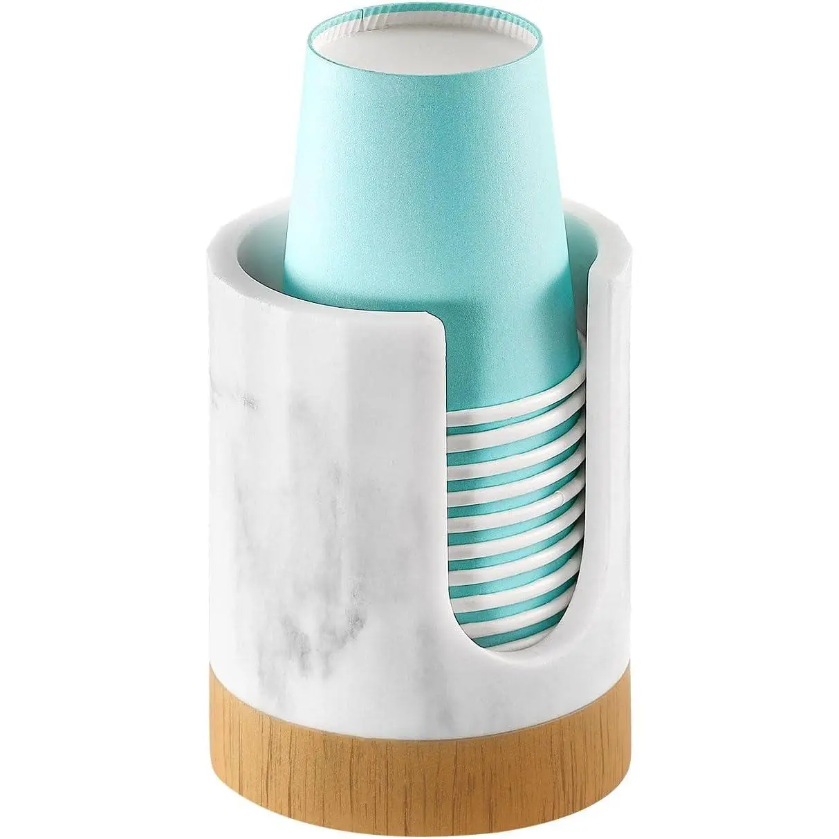 3oz Disposable Dixie Bathroom Cup Dispenser, Round Stripe Gravel White - Marble Finish Organiser with Pad Holder, for Guest Bathrooms, Vanities