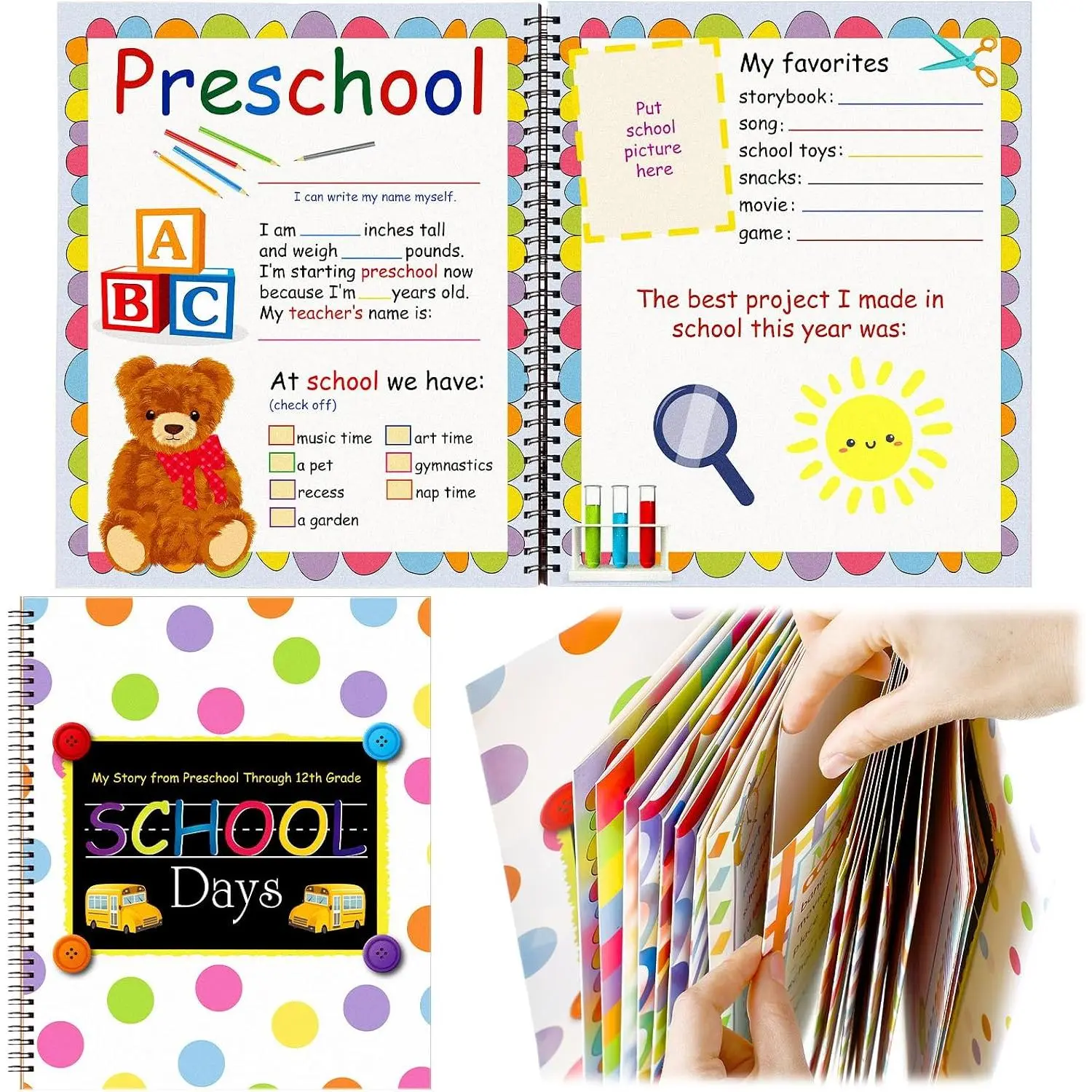Modern School Memory Book Photo Album Scrapbook, Home Decor Storage Portfolio for 1st-12th Grade with 14 Storage Pockets for Every Grade Pictures (Polka Dots)