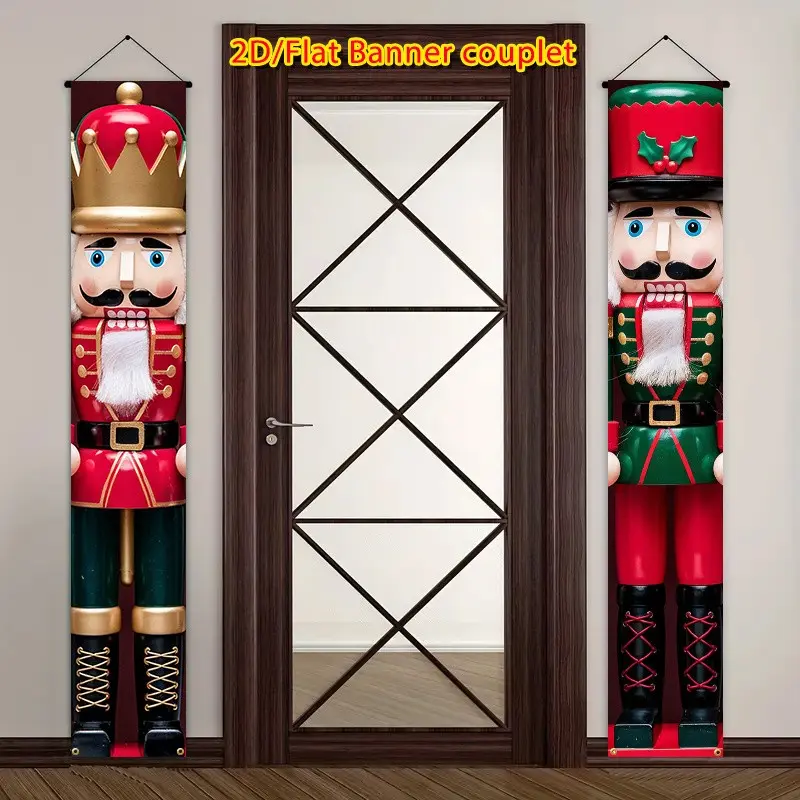 2D Flat 1pc Nutcracker Soldier Porch Banner Couplet, Red Gold King Green Holly Nutcracker Pair Print Christmas Decorations, Festive Holiday Decor for Front Door, Winter Decor for Home Porch Xmas Party Backdrop