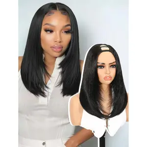 Yaki Straight Layered U Part Wig V Part Bob Half Wigs for Black Women Short Black Glueless Natural Looking Heat Resistant Synthetic Hair Replacement Wig