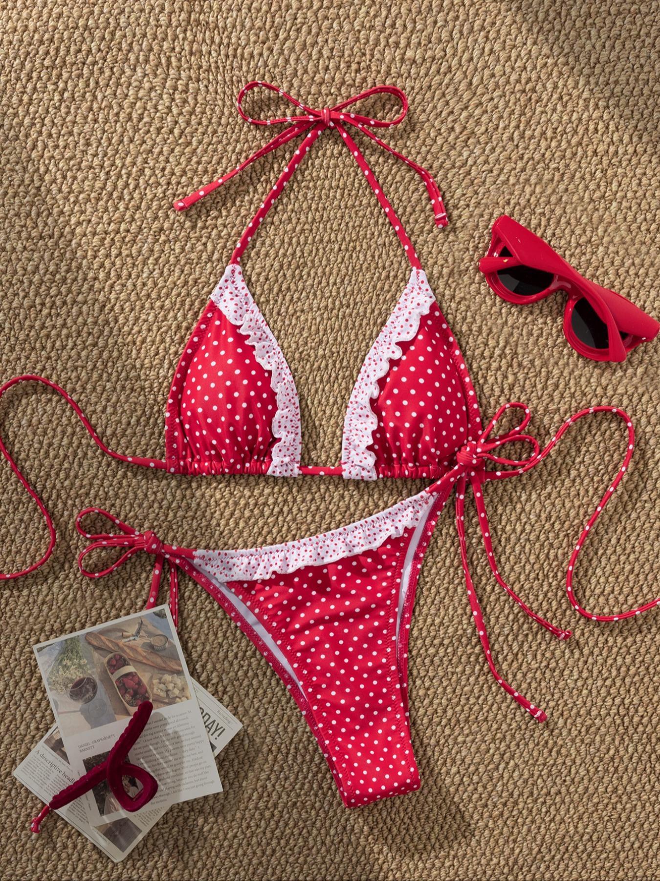 Two-piece Set Women's Polka Dot Print Bikini Set, Casual Fashion Chic Tie Back Swim Bra & Tie Side Swim Panty, Ladies Swimsuit for Beach Holiday Vacation, Colorblock Bikini Set, Summer Swimsuit Set, Swimsuit Style Bikini