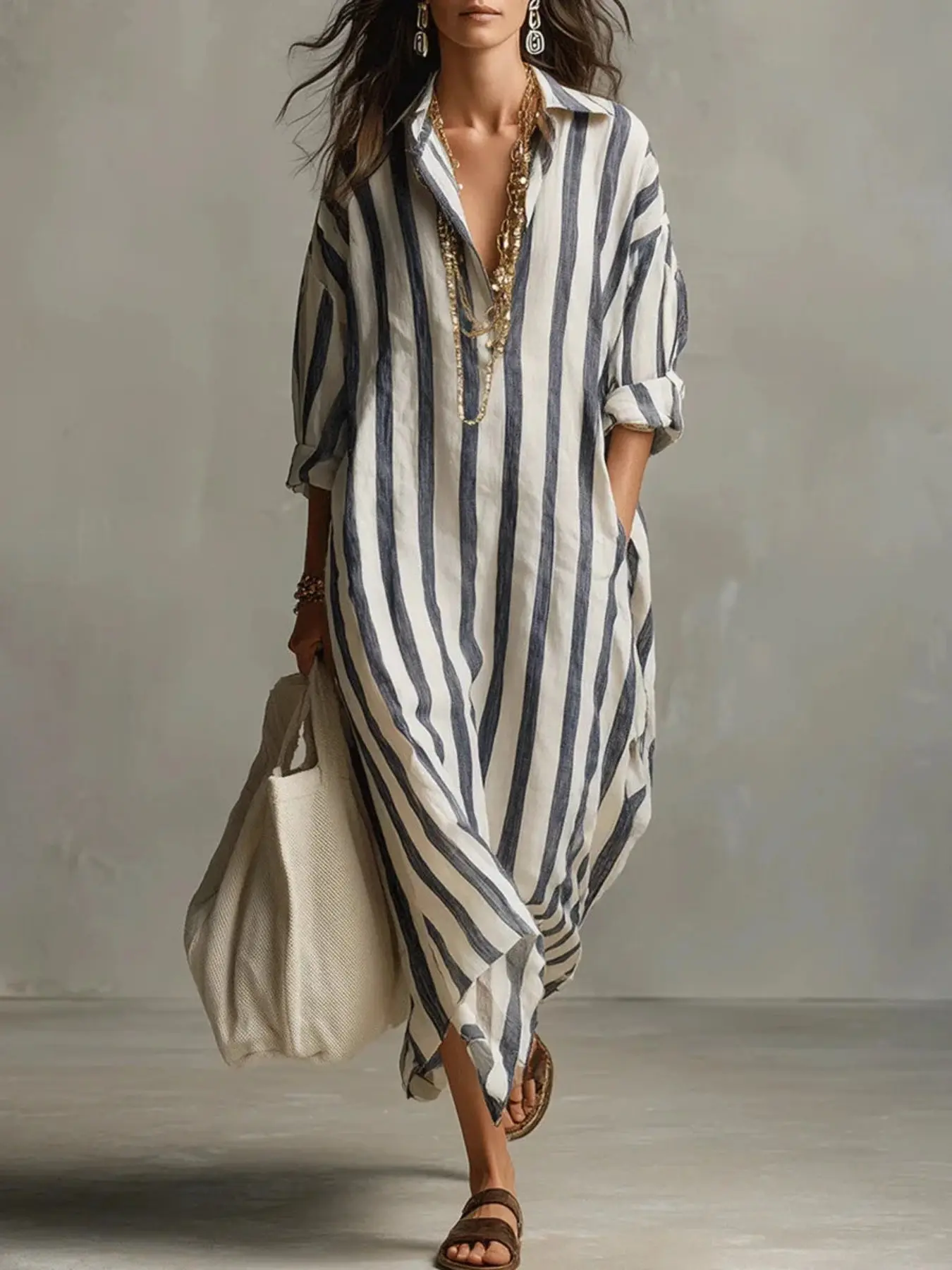 Plus Size Women's Casual Classic Loose Fit Shirt Collar Stripe Dress, Asymmetrical Hem Drop Shoulder Dress with Side Pockets