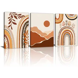 3Pcs Boho Canvas Wall Art Prints Mid Century Orange Geometric Wall Decor Sun Landscape Painting Minimalist Plant Mountain Poster Picture for Living Room Bedroom Bathroom Office 16x24x3Pcs