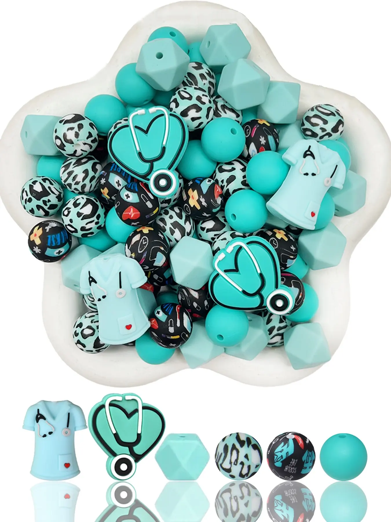 25pcs Medical Theme Silicone Beads Set, Fresh Blue Stethoscope Design, Leopard Print, Light Blue &, Ideal for DIY Jewelry, Gifts