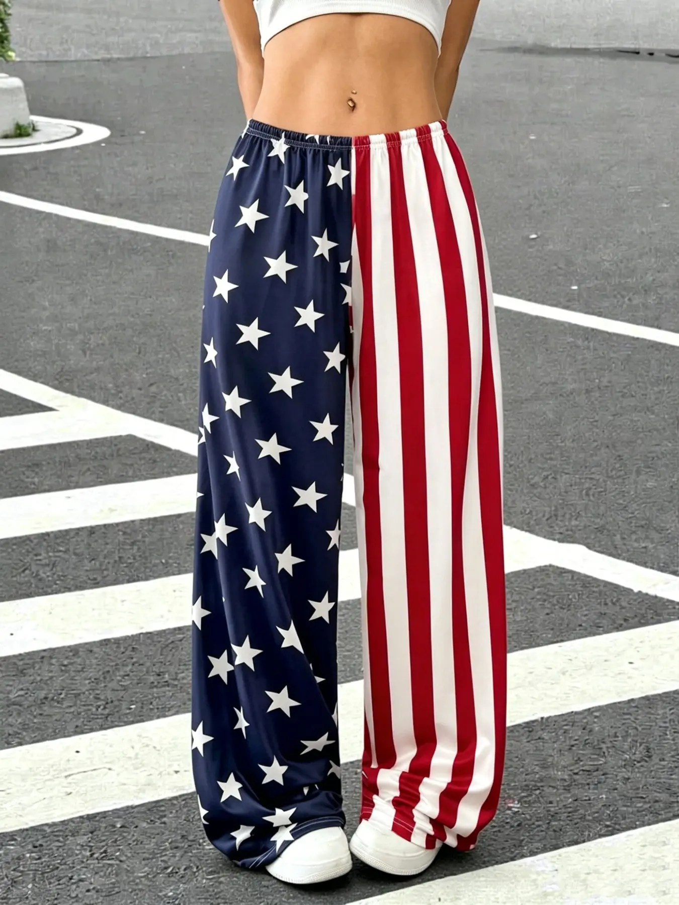 American Flag Patchwork Wide Leg Pants for Women, Blue Star Stripes, Elastic Waist, Loose Fit, Casual Long Trousers