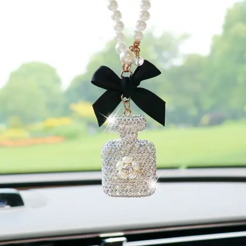 Creative Bow Rhinestone Perfume Bottle Car Hanging Ornament, Elegant Rearview Mirror Car Accessory Gift Decoration, Car Interior Decoration, Auto Accessory