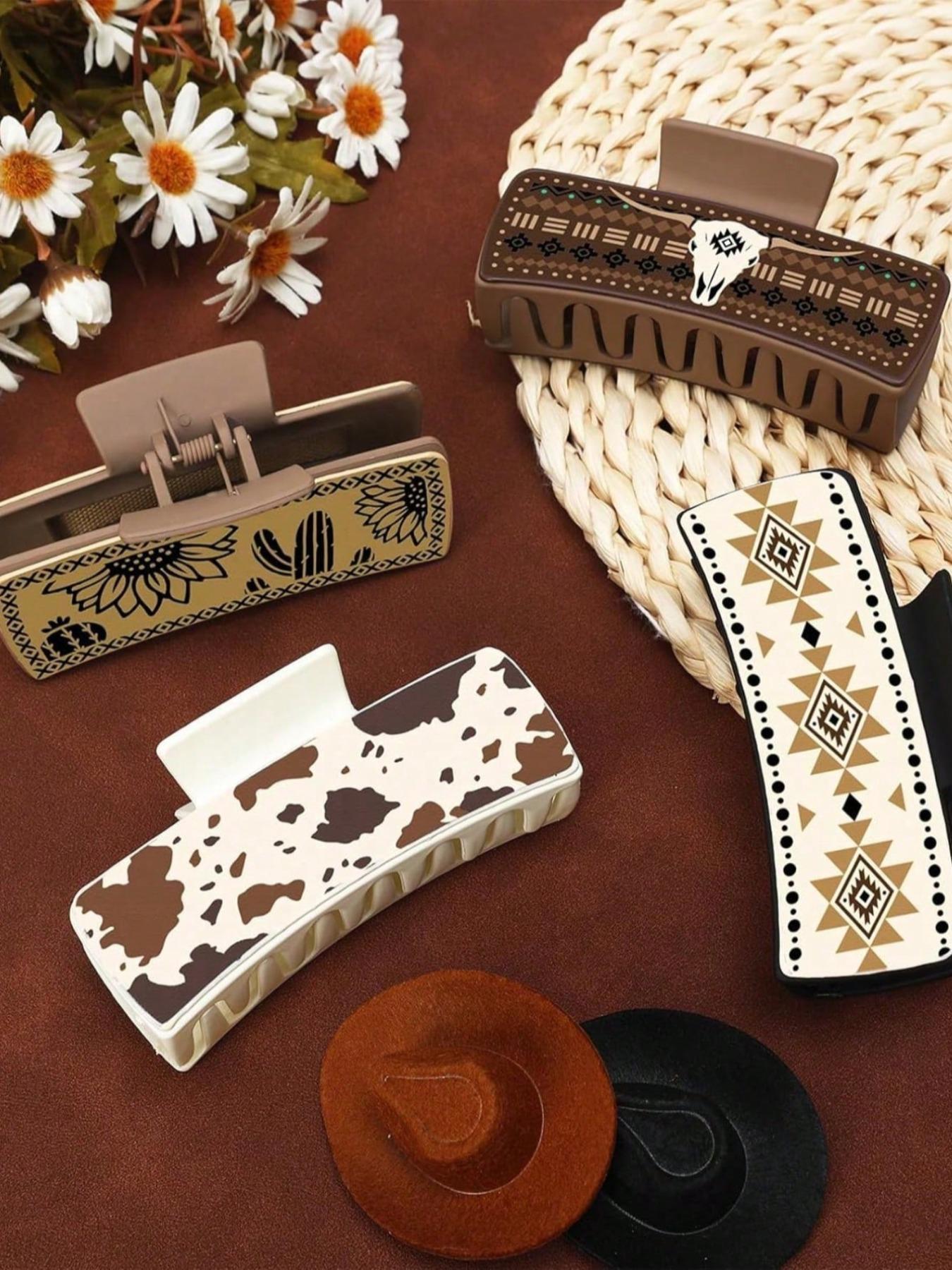 Western Cowboy Style Hair Claws, Vintage Pattern Hair Claws, Fashion Hair Accessories for Women & Girls, Minimalist Headwear Suitable for Thick Hair, Hair Claws Set