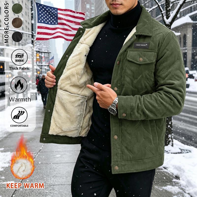 Men's Fleece Lined Corduroy Casual Jacket, Thick Warm Winter Outerwear, Multi-Pocket Button Up Windproof Coat for Cold Days
