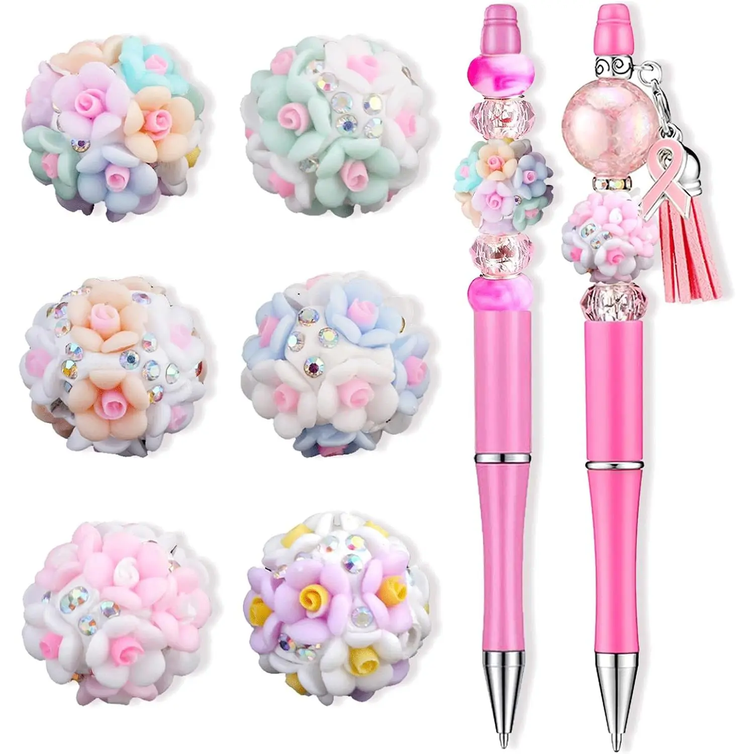6 count Chunky Rhinestone  Flower Beads for Beadable Pens, 20mm Sparkle  Floral Round Focal Bead, Glitter Spacer Beads Bulk, Bling Ball Bead for DIY Pens   Making Supplies