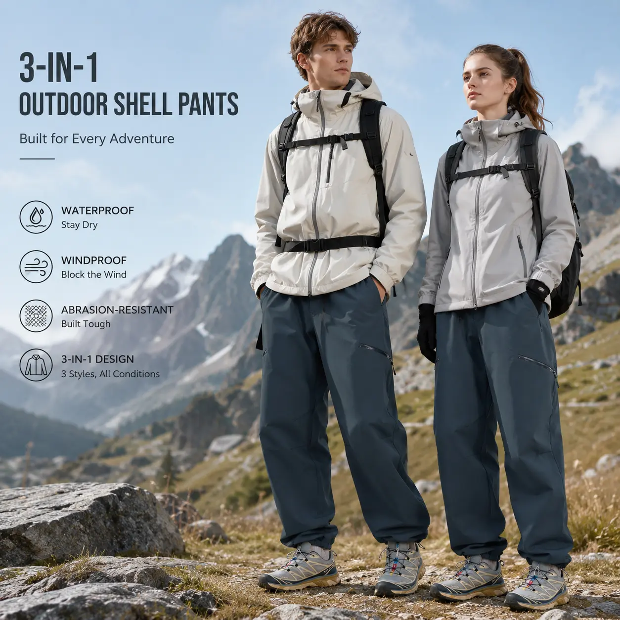 Unisex 3-in-1 Outdoor Shell Pants Waterproof Windproof Breathable Hiking Pants for Men Women Insulated Fleece Lined Softshell Snow Pants Abrasion Resistant Cargo Jogger Trekking Camping Ski Travel Workwear Winter Outdoor Trousers Elastic Waist