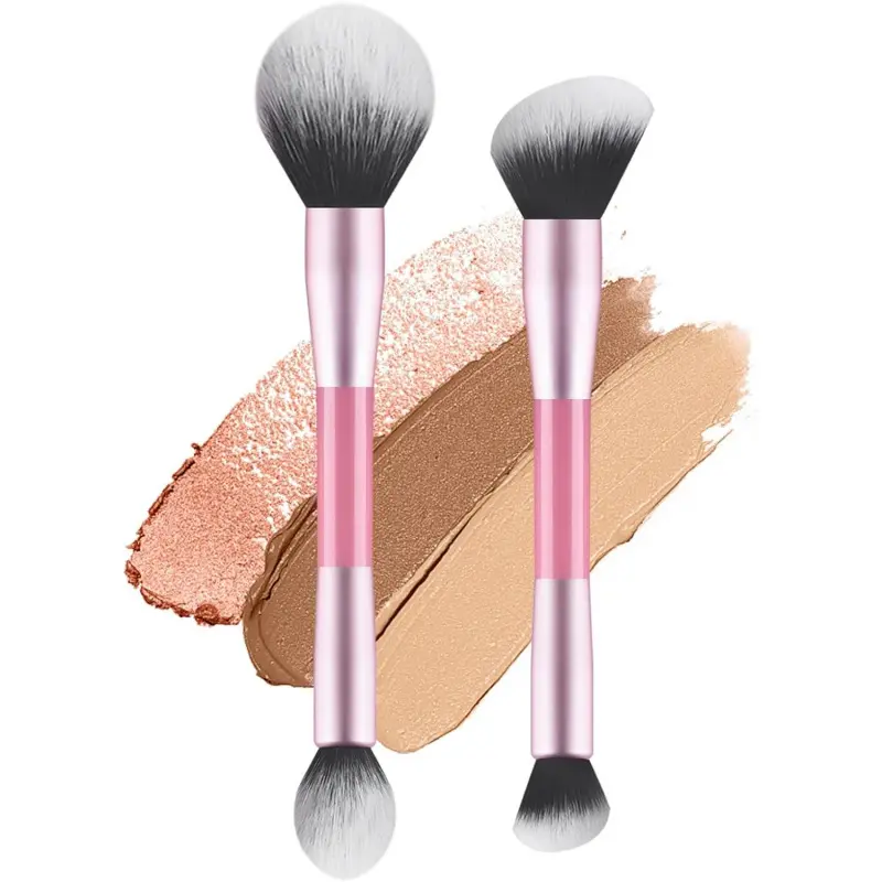 2 Pcs Dual-Ended Makeup Brushes Set, Pink Double Sided Foundation Brush & Powder Brush for Blending, Concealer, Blush & Bronzer, Synthetic Bristles Face Make Up Brushes