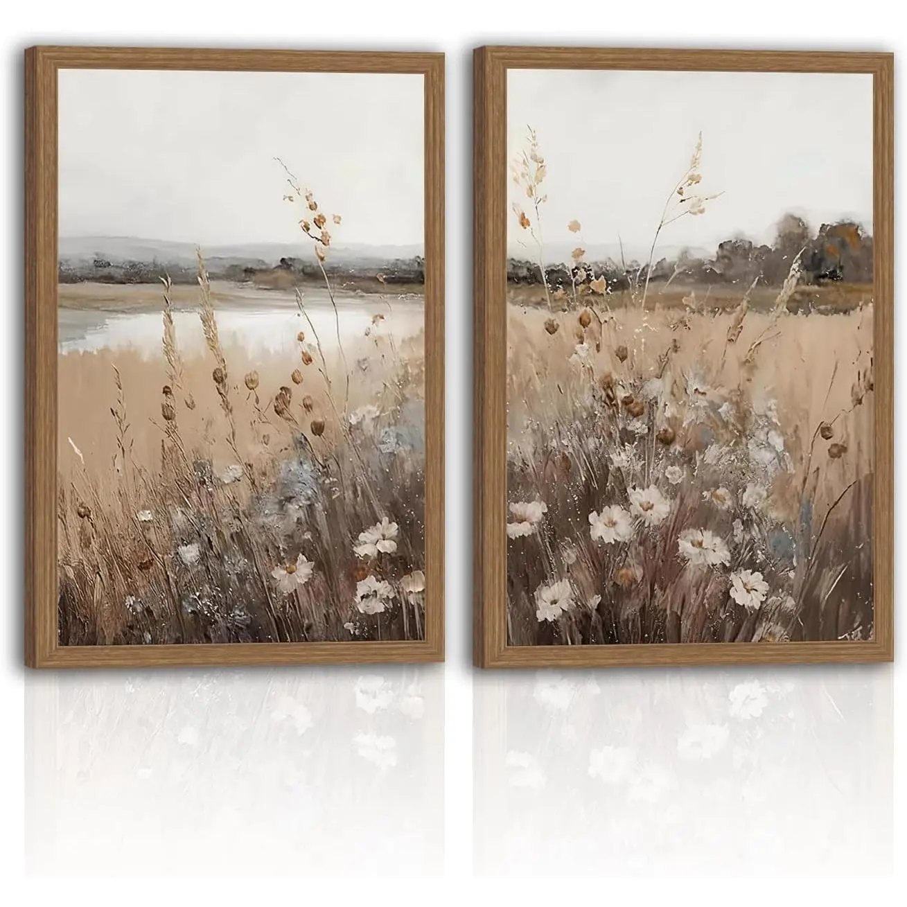 2Pcs Framed Vintage Nature Artwork Set - Retro Farmhouse Wildflower Canvas Posters Prints, Country Floral Field Landscape Wall Decor for Bedroom Bathroom, 12x16In Wood Framed Home Decor Art