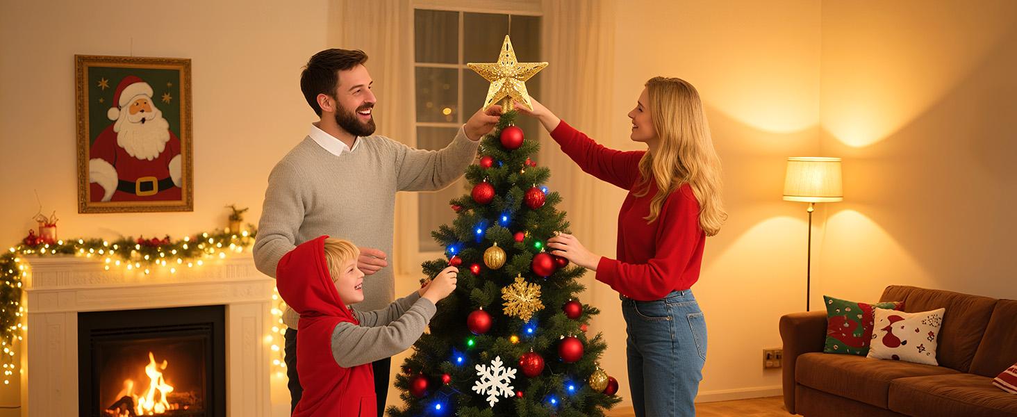 Christmas Star Tree Topper with Built-in Led Snowflake Projector Lights Hollowed Pentagram Tree Topper,Plug in Christmas Tree Ornament for Indoor Office Xmas New Year Holiday Tree Decoration