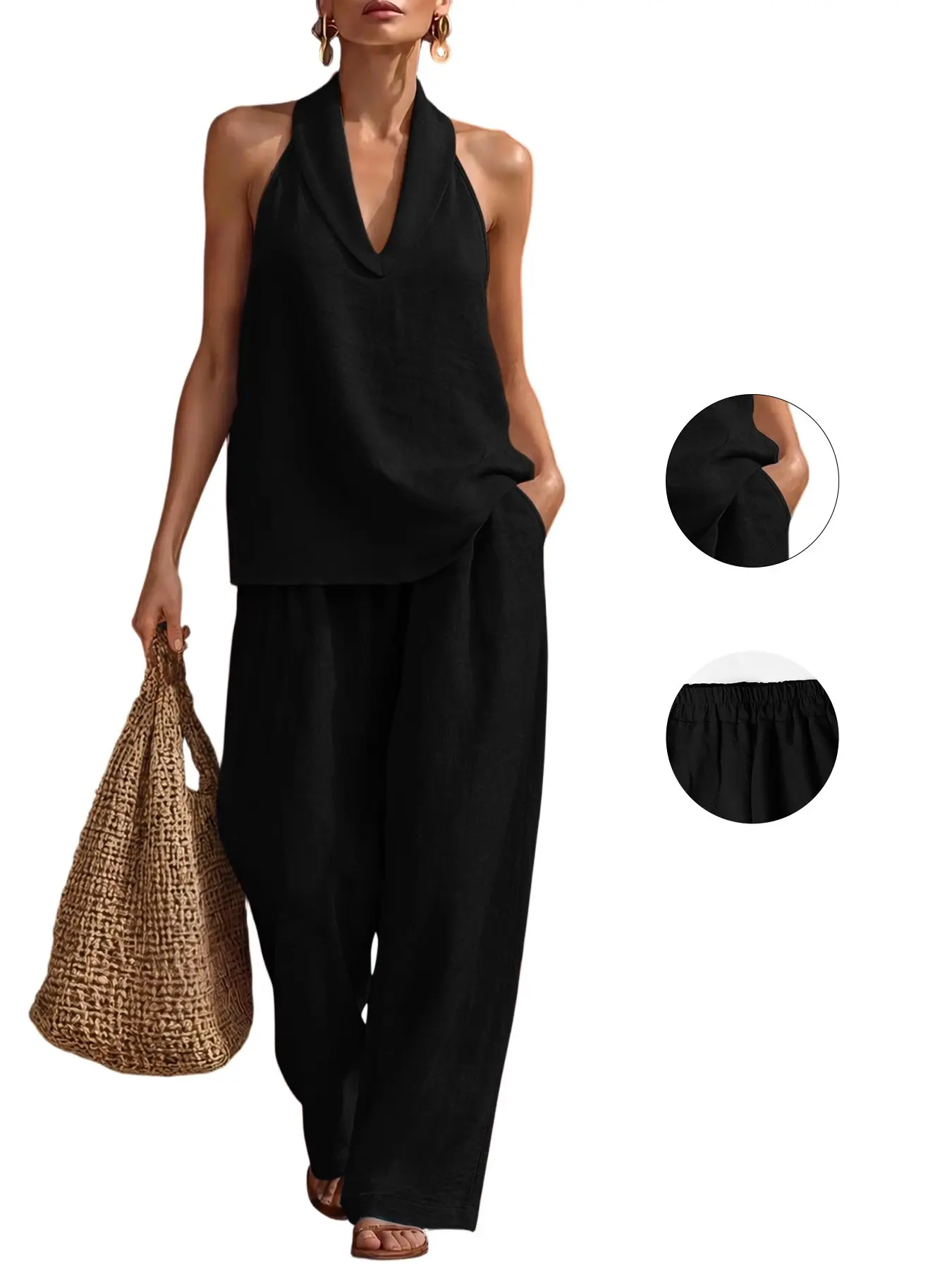 Two Piece Set for Women, Beach, Vacation & Brunch, Sleeveless Top and Wide Leg Pants, Stylish, Casual and Comfortable for Summer Activities