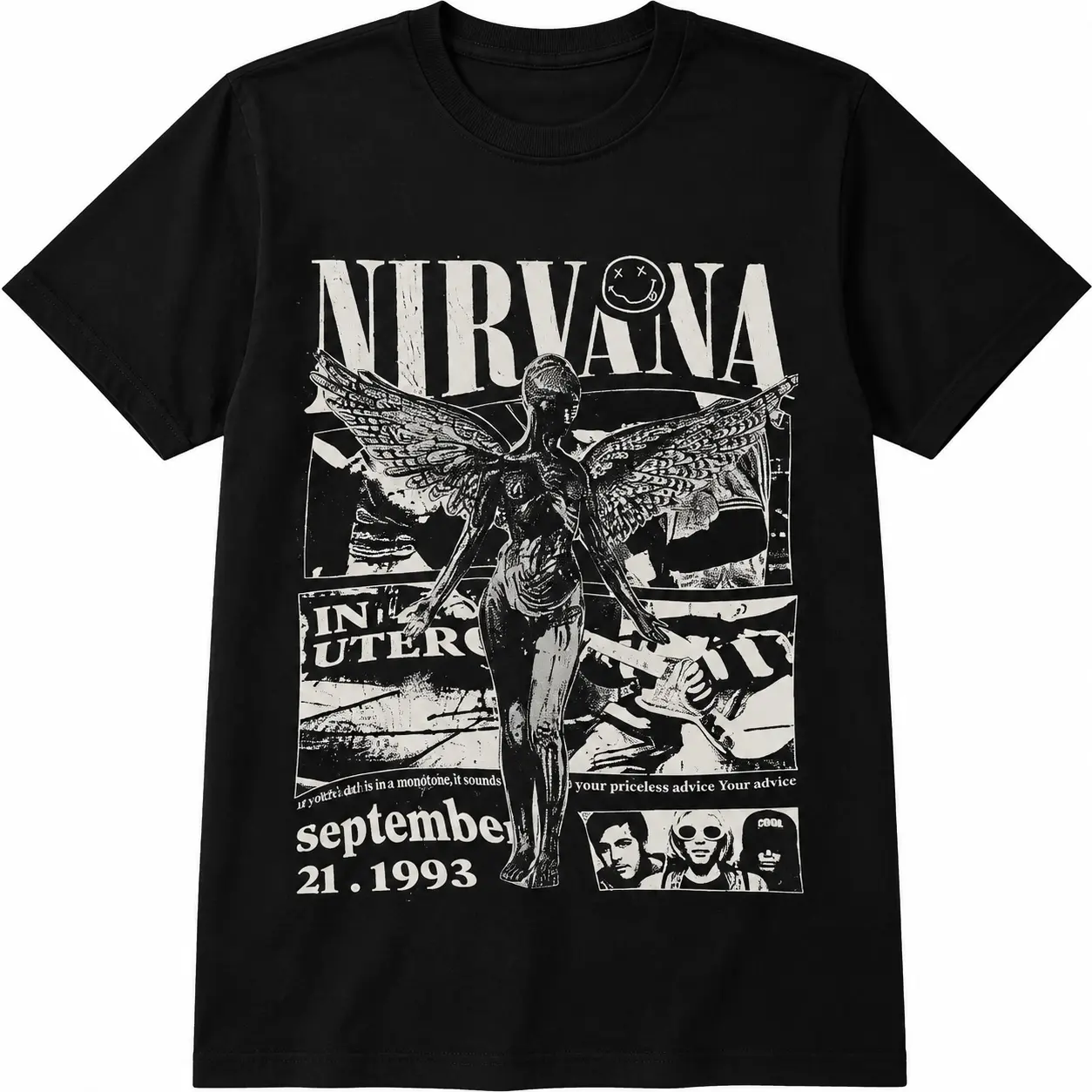 Nirvana In Utero Smiley Face Angel Wings Retro T-Shirt - 100% Premium Pure Cotton Grunge Graphic Tee for 90s Rock Lovers, Nirvana Collectors - Authentic Band Merch Vibe Concert Outfit Piece, Authentic Rock Band Merch Vibe, Distressed Collage Background, S