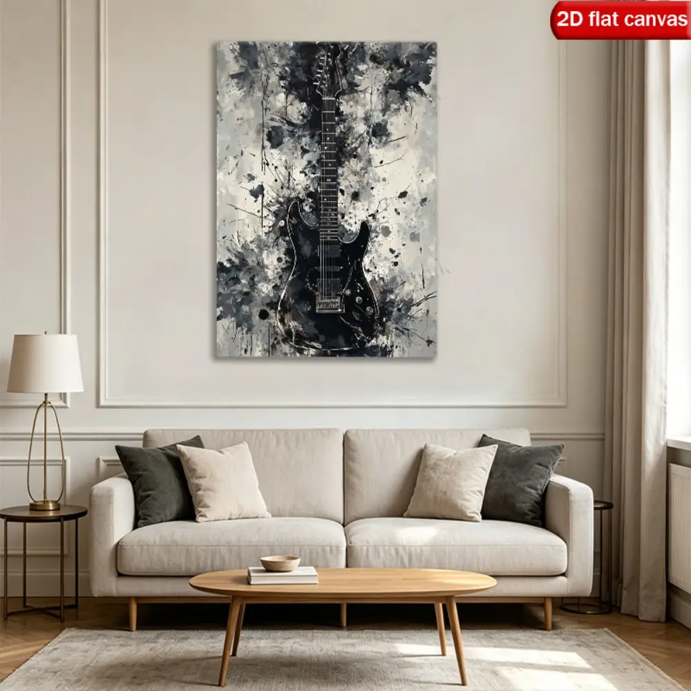 2D Flat, 2D Flat 1pc Black Electric Guitar Abstract Wall Art Canvas Poster Splatter Paint Grey White Textured Off White Background Modern Music Decor Framed Wrap Canvas Wood Frame Ready to Hang Home Office Gift Edgy High Definition, 2D Flat